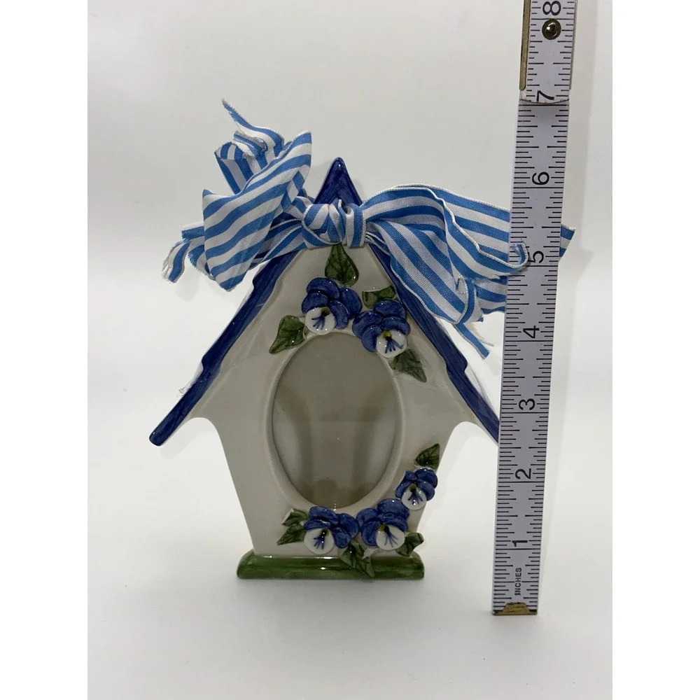 Mud Pie 1998 Ceramic Birdhouse Picture Frame Blue Pansy Floral Striped Bow 6.5